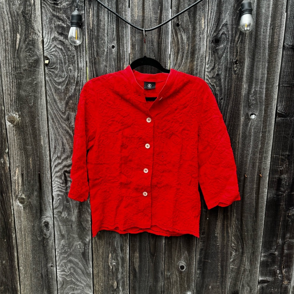 Bogner Red Floral 100% Linen Button Down Long Sleeve Blouse size 10 US